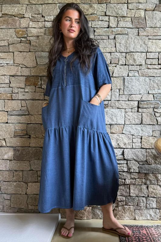 Rustic Nature Linen Blend Smock T Shirt Dress Washed Navy